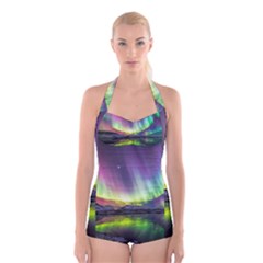 Aurora Borealis Polar Northern Lights Natural Phenomenon North Night Mountains Boyleg Halter Swimsuit  by B30l