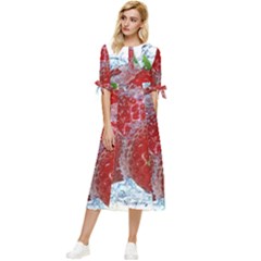 Red Strawberries Water Squirt Strawberry Fresh Splash Drops Bow Sleeve Chiffon Midi Dress by B30l