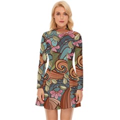 Multicolored Flower Decor Flowers Patterns Leaves Colorful Long Sleeve Velour Longline Dress