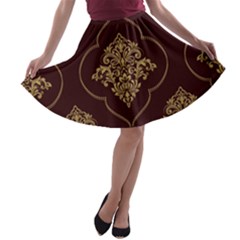 Vector Gold Ornament Pattern Seamless Damask A-line Skater Skirt by danenraven