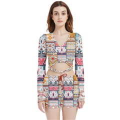 Pattern Texture Multi Colored Variation Velvet Wrap Crop Top And Shorts Set