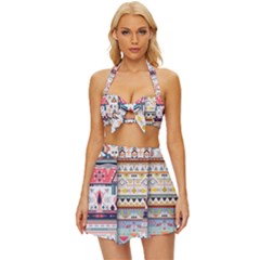 Pattern Texture Multi Colored Variation Vintage Style Bikini Top And Skirt Set 