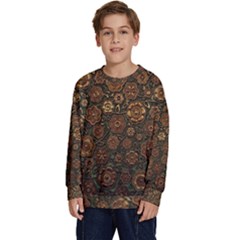 Brown And Green Floral Print Textile Ornament Pattern Texture Kids  Long Sleeve Jersey