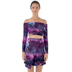 Landscape Landscape Painting Purple Purple Trees Off Shoulder Top With Skirt Set