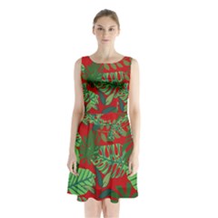 Leaves Leaf Nature Pattern Red Green Sleeveless Waist Tie Chiffon Dress