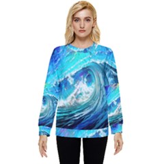 Tsunami Waves Ocean Sea Nautical Nature Water Painting Hidden Pocket Sweatshirt by Cowasu