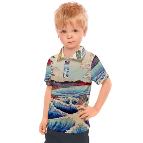 Wave Japanese Mount Fuji Woodblock Print Ocean Kids  Polo Tee by Cowasu