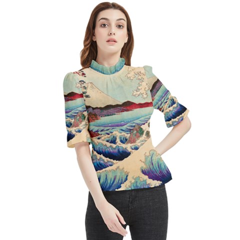 Wave Japanese Mount Fuji Woodblock Print Ocean Frill Neck Blouse by Cowasu