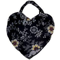 White And Yellow Floral And Paisley Illustration Background Giant Heart Shaped Tote