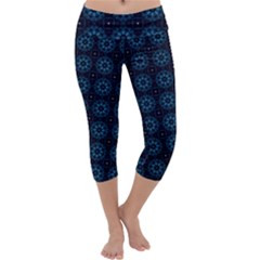 Blue Floral Pattern Geometric Pattern Capri Yoga Leggings by danenraven