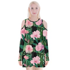 Flower Roses Pattern Floral Nature Velvet Long Sleeve Shoulder Cutout Dress by danenraven