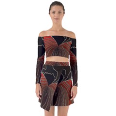 Red Gold Black Voracious Plant Leaf Off Shoulder Top With Skirt Set by Bangk1t