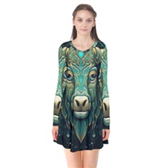 Bull Star Sign Long Sleeve V-neck Flare Dress by Bangk1t