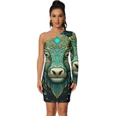 Bull Star Sign Long Sleeve One Shoulder Mini Dress by Bangk1t