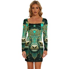 Bull Star Sign Long Sleeve Square Neck Bodycon Velvet Dress