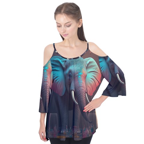 Elephant Tusks Trunk Wildlife Africa Flutter Sleeve Tee  by Ndabl3x