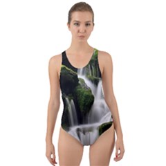 Waterfall Moss Korea Mountain Valley Green Forest Cut-out Back One Piece Swimsuit by Ndabl3x