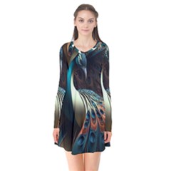 Peacock Bird Feathers Plumage Colorful Texture Abstract Long Sleeve V-neck Flare Dress