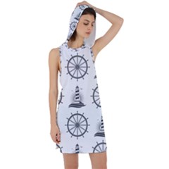 Marine-nautical-seamless-pattern-with-vintage-lighthouse-wheel Racer Back Hoodie Dress by Wav3s