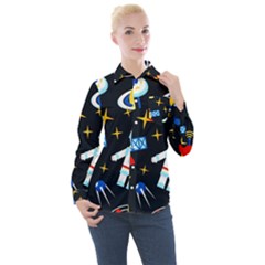 Space Seamless Pattern Women s Long Sleeve Pocket Shirt