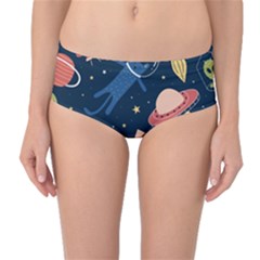 Seamless-pattern-with-funny-aliens-cat-galaxy Mid-waist Bikini Bottoms by Wav3s