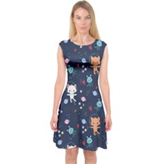 Cute Astronaut Cat With Star Galaxy Elements Seamless Pattern Capsleeve Midi Dress