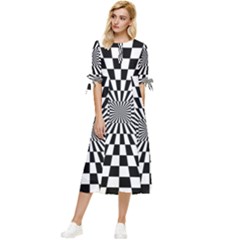 Optical Illusion Chessboard Tunnel Bow Sleeve Chiffon Midi Dress