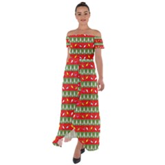 Christmas Papers Red And Green Off Shoulder Open Front Chiffon Dress