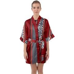 Background Damask Red Black Half Sleeve Satin Kimono 