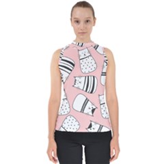 Cute Cats Cartoon Seamless-pattern Mock Neck Shell Top by Vaneshart