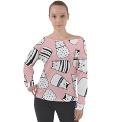 Cute Cats Cartoon Seamless-pattern Off Shoulder Long Sleeve Velour Top by Vaneshart