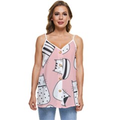 Cute Cats Cartoon Seamless-pattern Casual Spaghetti Strap Chiffon Top by Vaneshart