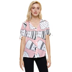 Cute Cats Cartoon Seamless-pattern Bow Sleeve Button Up Top by Vaneshart