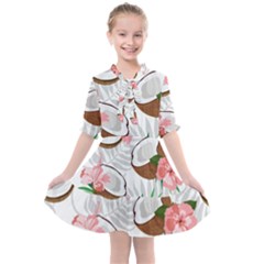 Seamless Pattern Coconut Piece Palm Leaves With Pink Hibiscus Kids  All Frills Chiffon Dress by Vaneshart