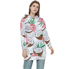 Seamless Pattern Coconut Piece Palm Leaves With Pink Hibiscus Women s Long Oversized Pullover Hoodie by Vaneshart