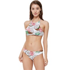 Seamless Pattern Coconut Piece Palm Leaves With Pink Hibiscus Banded Triangle Bikini Set