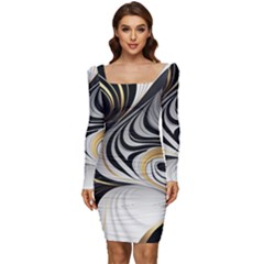 Pattern Gold Marble Women Long Sleeve Ruched Stretch Jersey Dress by Vaneshop