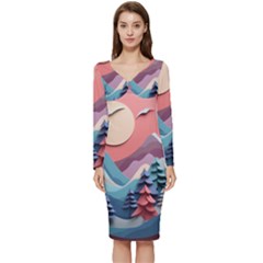 Paper Art Pastel Long Sleeve V-neck Bodycon Dress 