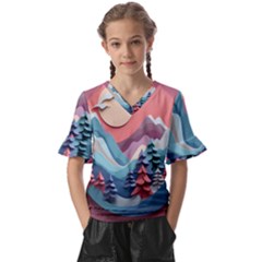 Paper Art Pastel Kids  V-neck Horn Sleeve Blouse