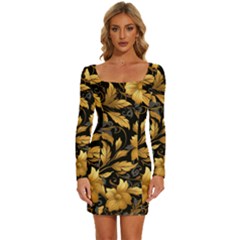 Flower Gold Floral Long Sleeve Square Neck Bodycon Velvet Dress