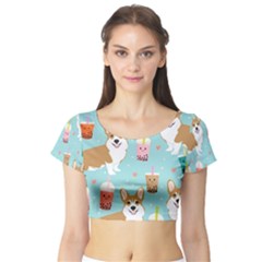 Welsh Corgi Boba Tea Bubble Cute Kawaii Dog Breed Short Sleeve Crop Top by Wav3s