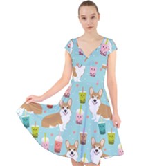 Welsh Corgi Boba Tea Bubble Cute Kawaii Dog Breed Cap Sleeve Front Wrap Midi Dress by Wav3s