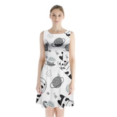 Panda Floating In Space And Star Sleeveless Waist Tie Chiffon Dress by Wav3s