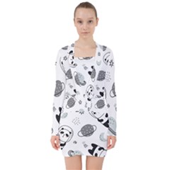 Panda Floating In Space And Star V-neck Bodycon Long Sleeve Dress by Wav3s