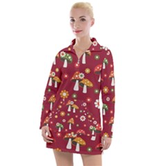 Woodland Mushroom And Daisy Seamless Pattern On Red Background Women s Long Sleeve Casual Dress by Wav3s