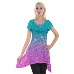 Pink And Turquoise Glitter Short Sleeve Side Drop Tunic