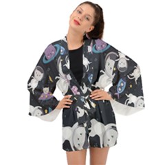 Space Cat Illustration Pattern Astronaut Long Sleeve Kimono