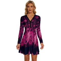 Peacock Pink Black Feather Abstract Long Sleeve Deep V Mini Dress  by Wav3s