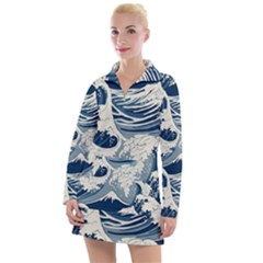 Japanese Wave Pattern Women s Long Sleeve Casual Dress