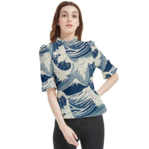 Japanese Wave Pattern Frill Neck Blouse by Wav3s